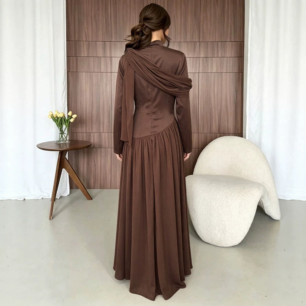 Chiffon Mock Neck Long Sleeve Scarf Drape Basque Waist Maxi Dress 2