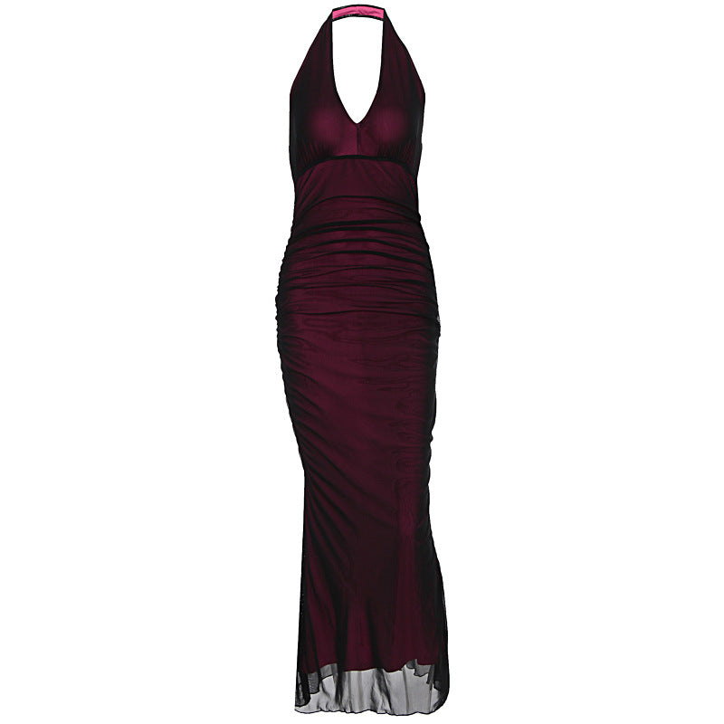 Halter Neck Deep V-Neck Ruched Mesh Overlay Mermaid Maxi Dress 3