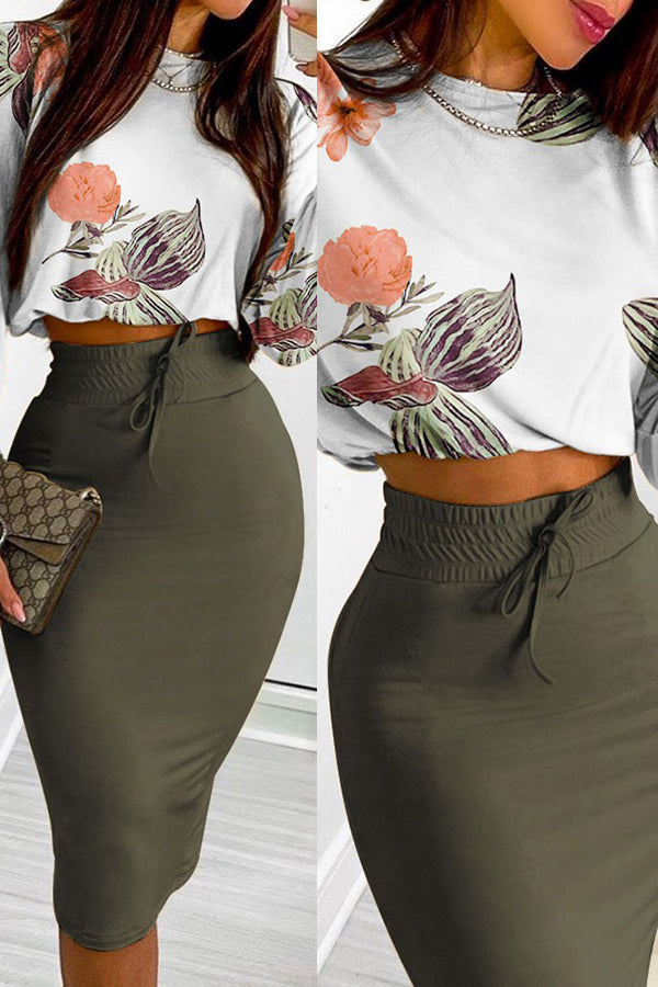 Geometric Long Sleeve Top Drawstring Bodycon Skirt Set