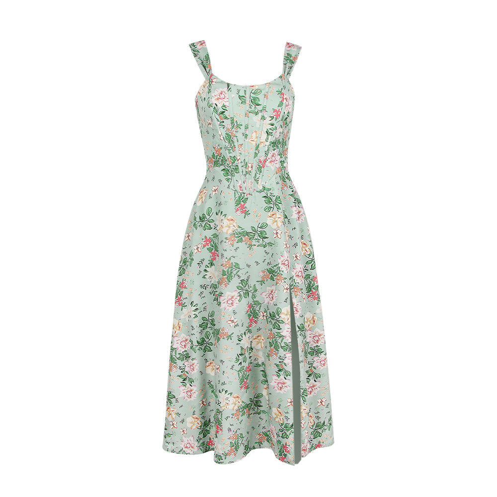 Floral Corset Wide Strap High Split Fit and Flare Midi Dress