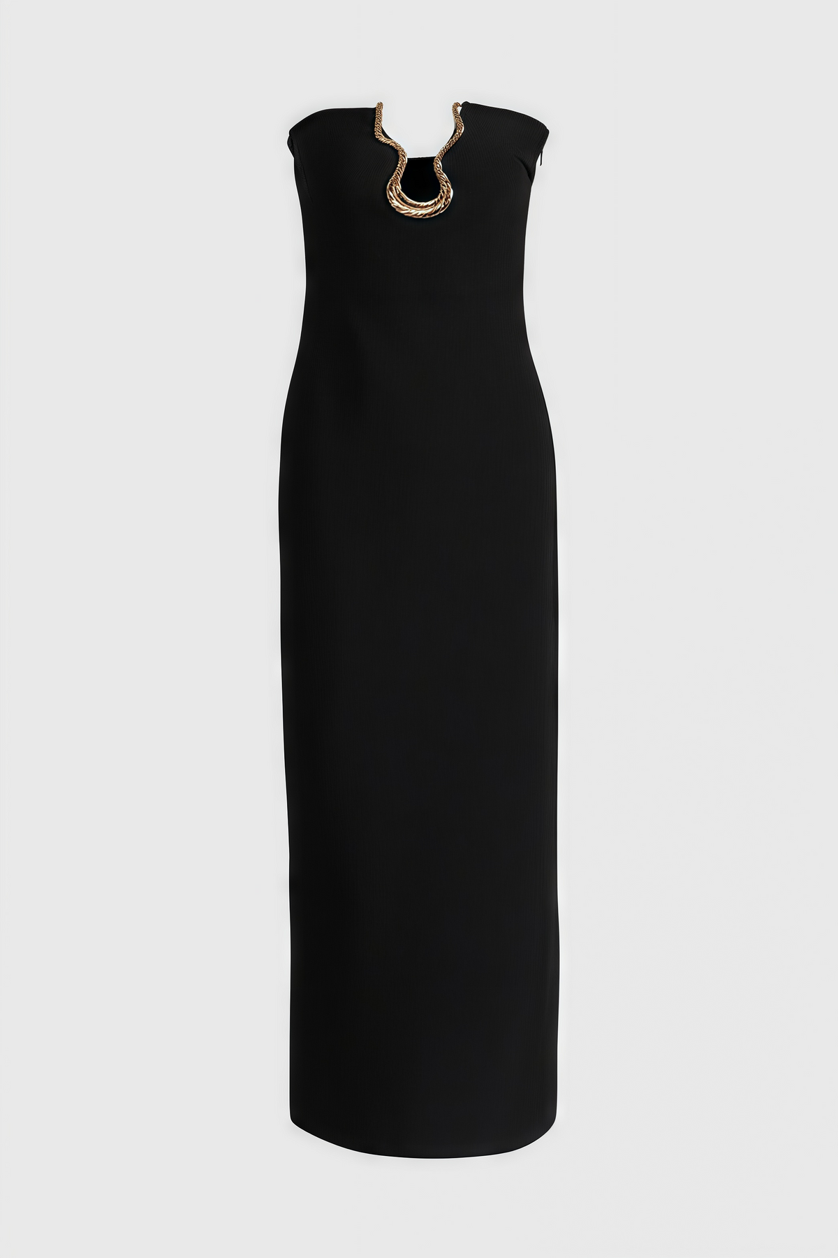 Strapless Plunge Metallic Trim Cut Out Column Maxi Dress 6