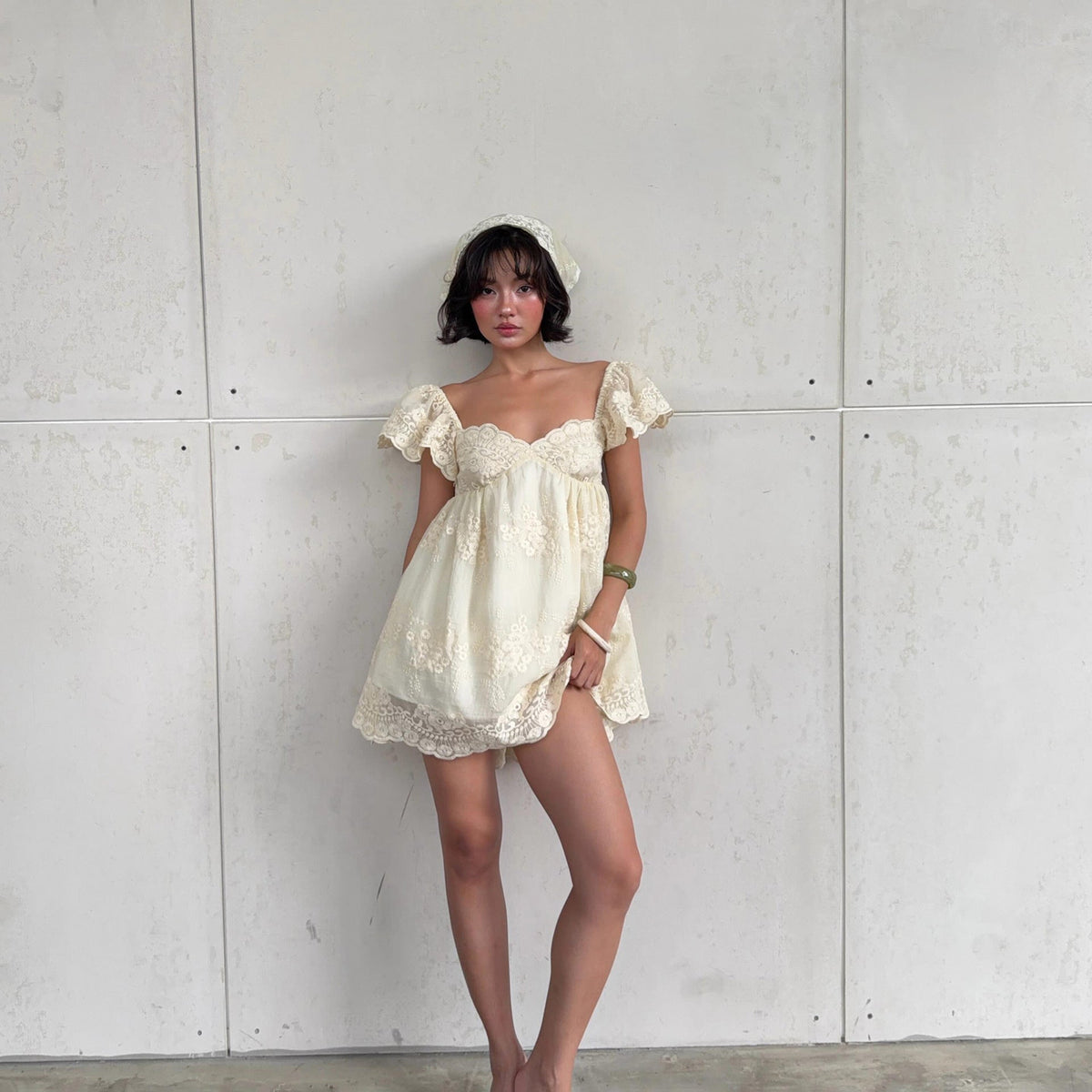 Lace Embroidered Sweetheart Neck Flutter Sleeve Babydoll Mini Dress 3