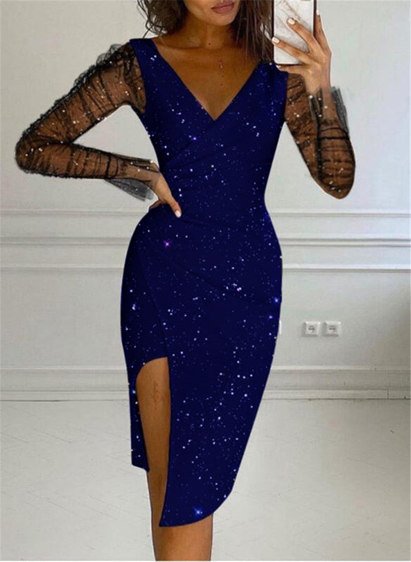Glitter Star Print Mesh Long Sleeve Deep V-Neck Wrap Cocktail Dress