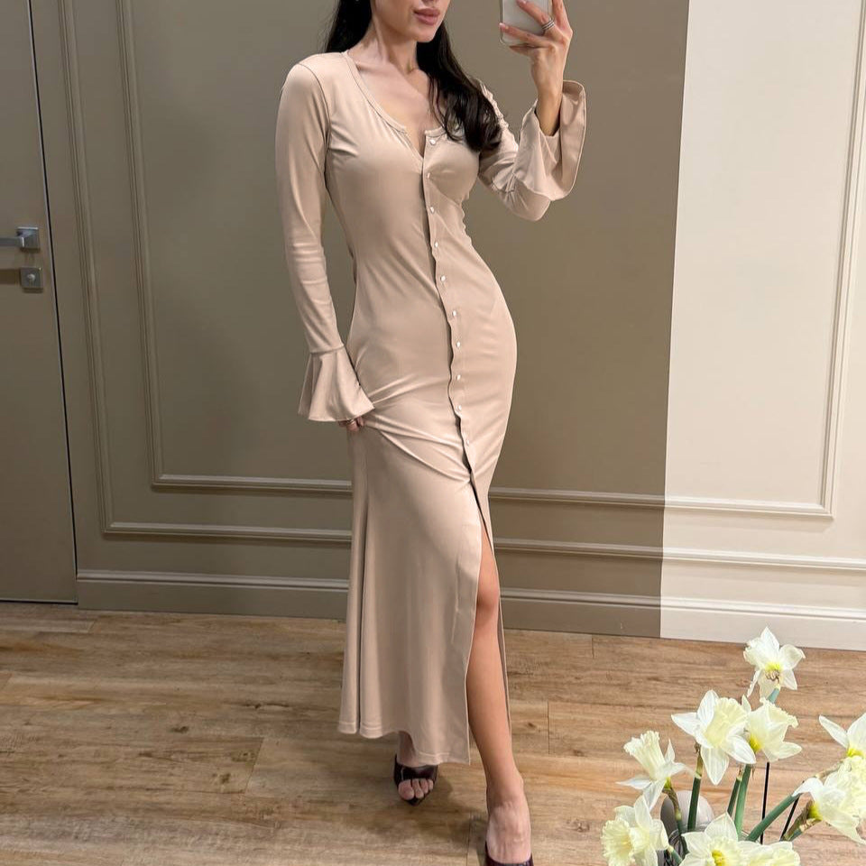 Fall Sexy Knitted Dress Women Single Breasted Bell Sleeve Slim Sheath Embellished Tight Dress