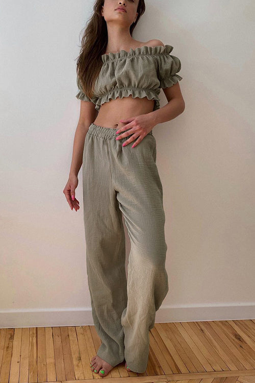 Off Shoulder Ruched Crop Top Pants Sets