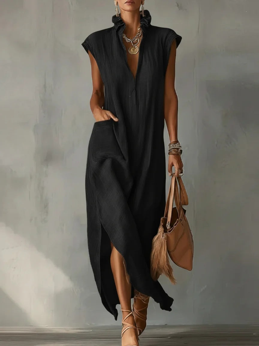 High Neck Cap Sleeve High Split Pocket Maxi Dress 7