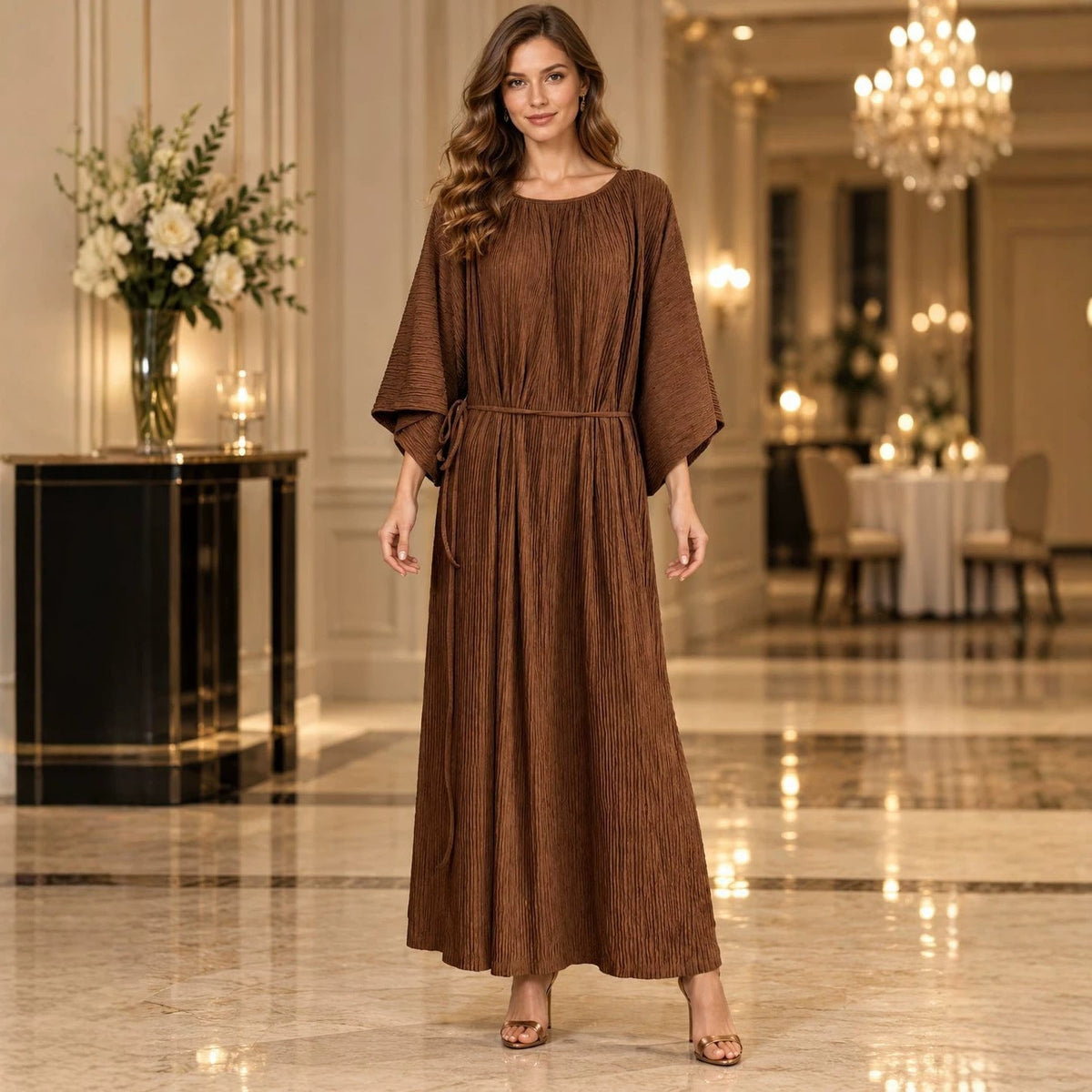 Plisse Round Neck Batwing Sleeve Tie Waist Maxi Dress