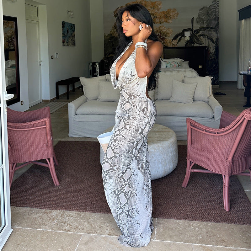 Snakeskin Print Halter Cowl Neck Open Back Maxi Dress 4