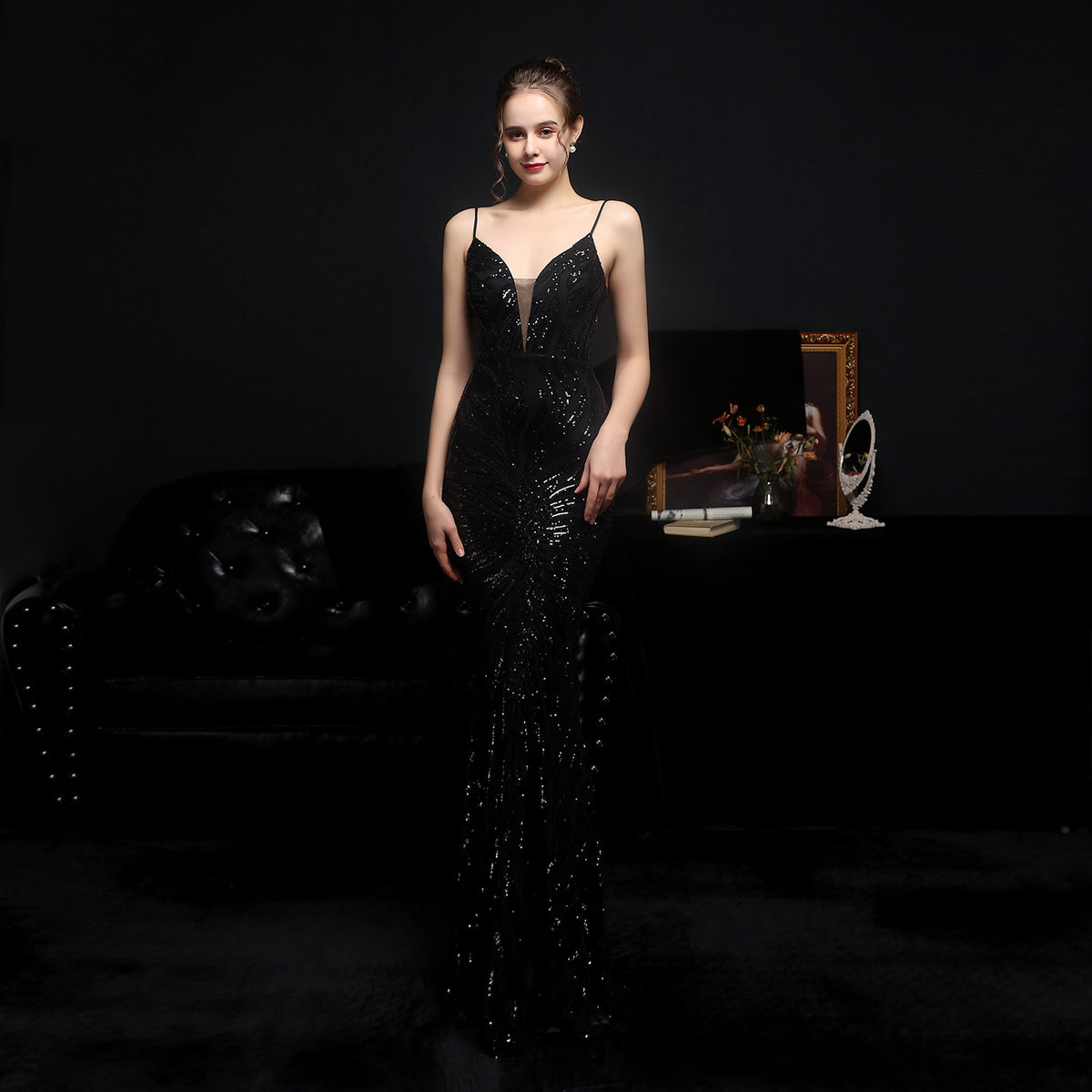 Leaf Pattern Sequin Plunge Spaghetti Strap Mermaid Evening Gown 4