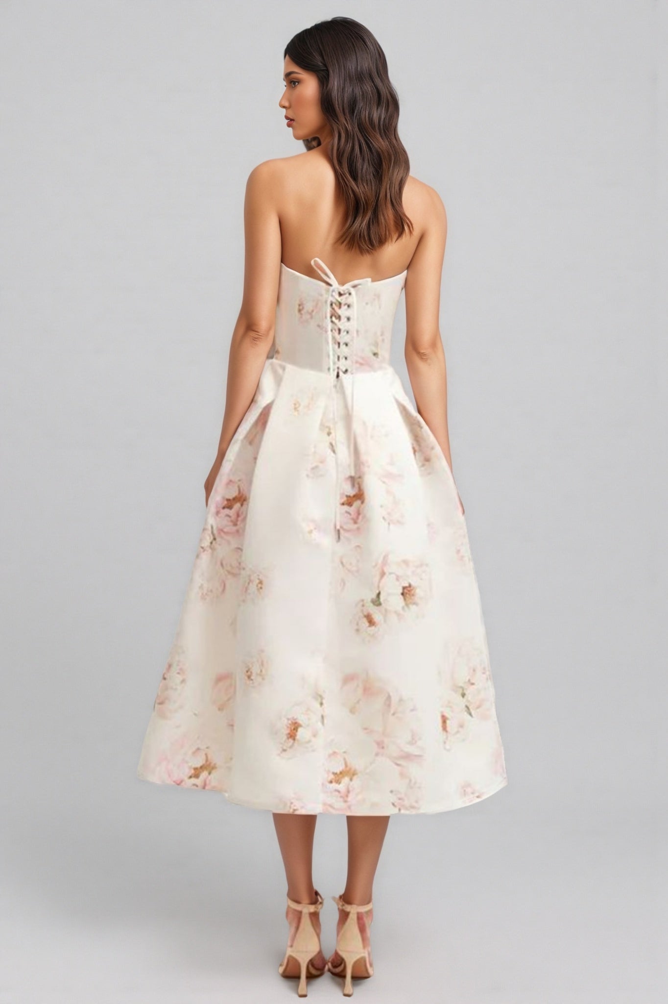 Floral Print Strapless Fit and Flare Midi Dress