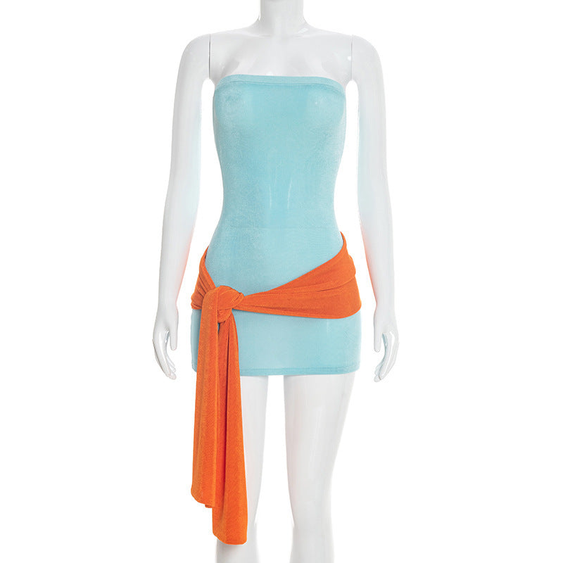 Strapless Bandeau Tube Bodycon Mini Dress with Contrast Tie Sash 5