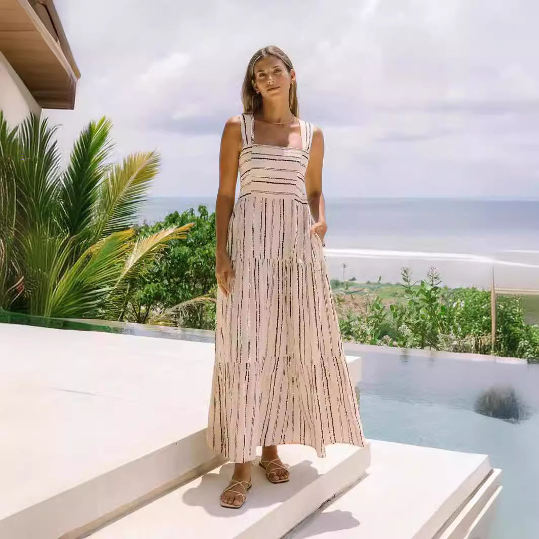 Striped Print Square Neck Wide Strap Tiered Pocket Maxi Dress