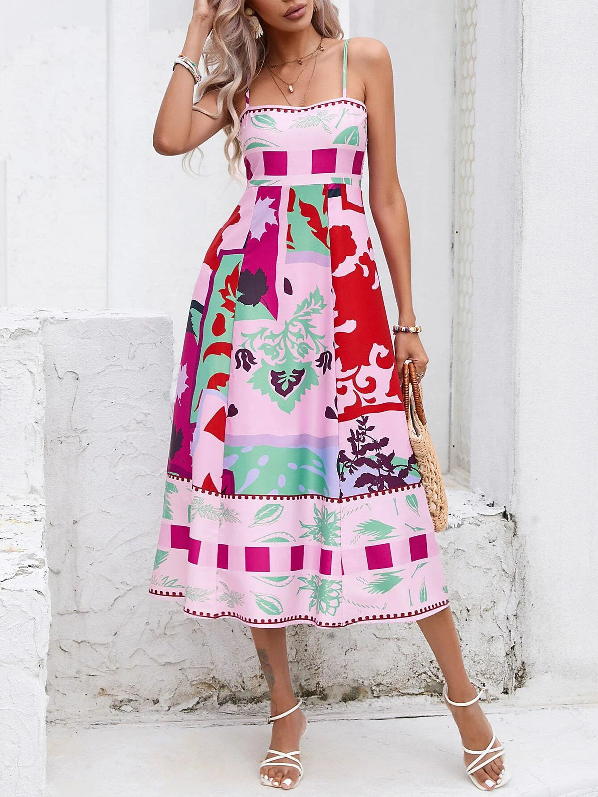 Abstract Floral Print Spaghetti Strap Square Neck A-Line Midi Dress 6