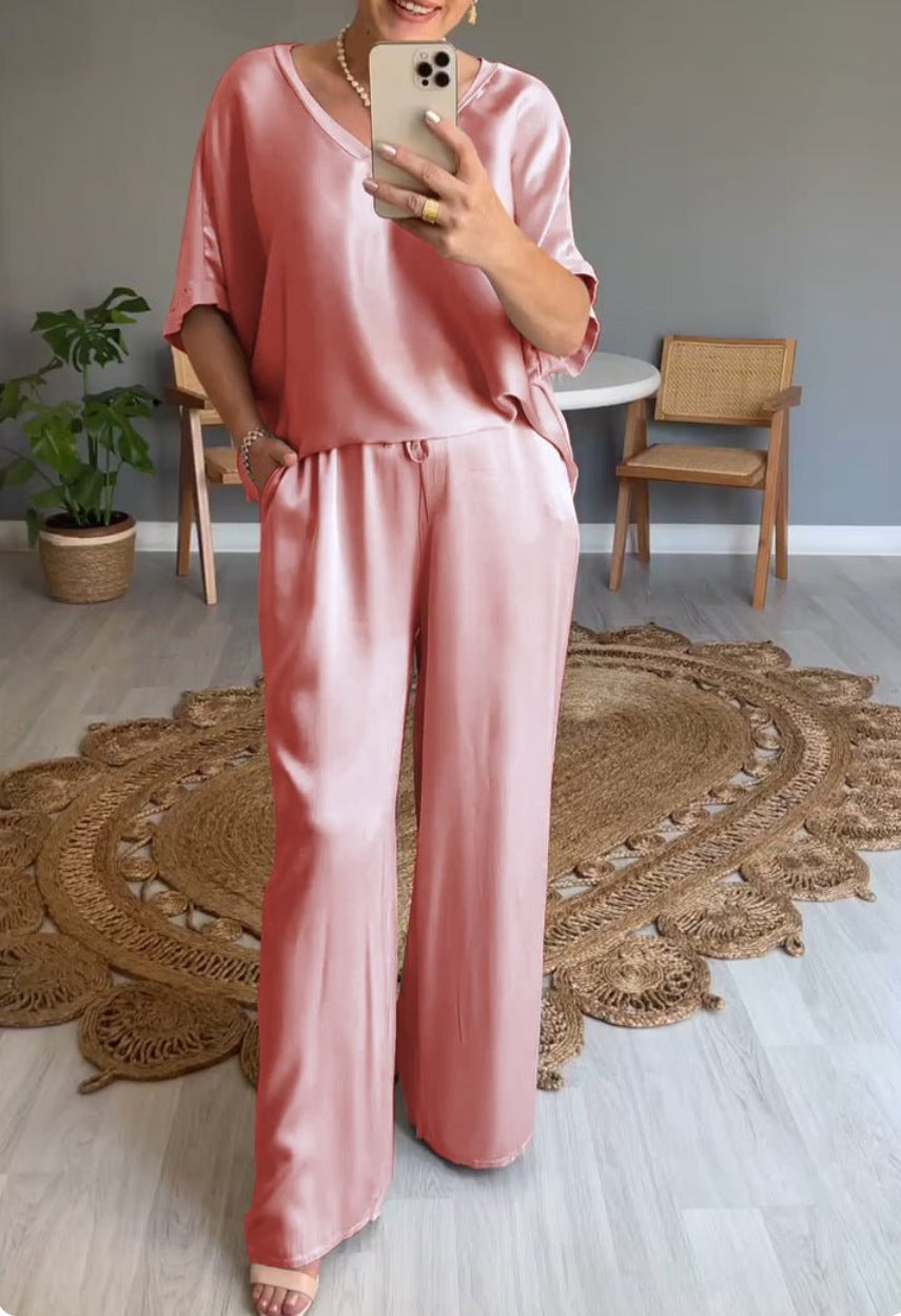 Deep V-Neck Short Sleeve Oversized Wide Leg Two-Piece Set