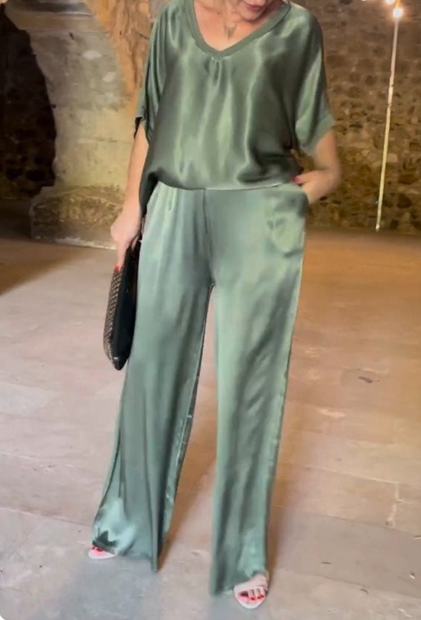 Deep V-Neck Short Sleeve Oversized Wide Leg Two-Piece Set