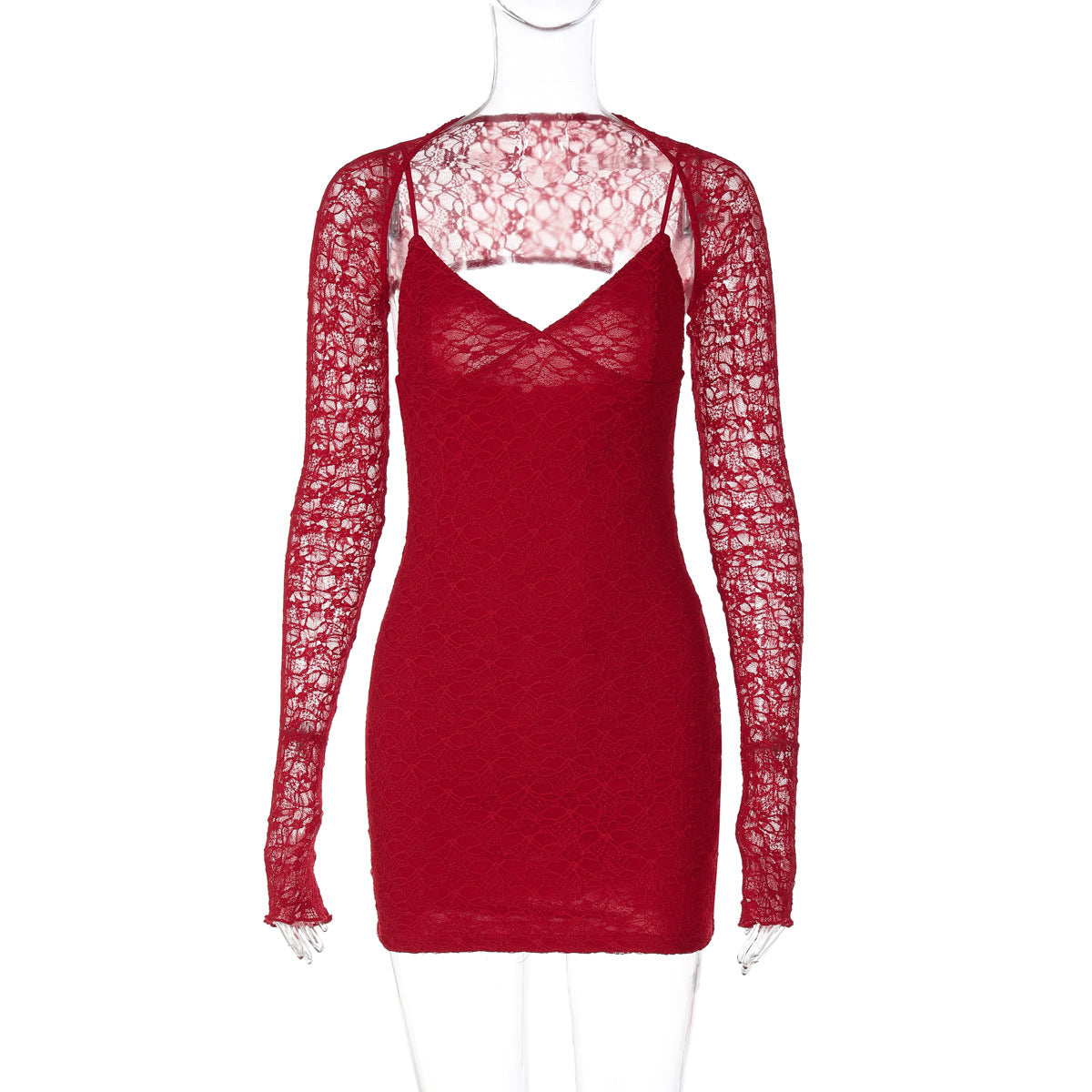 Lace Spaghetti Strap Deep V-Neck Bodycon Mini Dress and Bolero Two-Piece Set