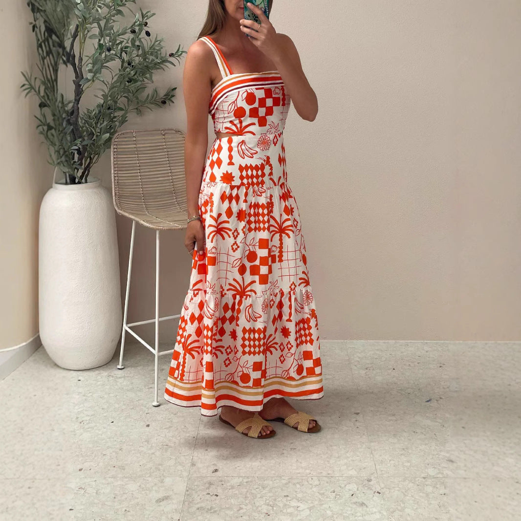 Geometric Print Square Neck Side Cut Out Tiered Maxi Dress 2