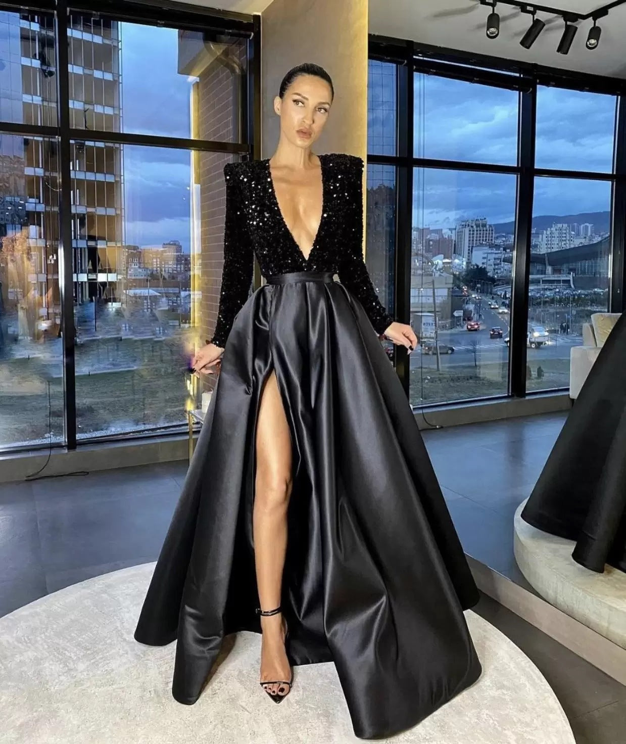 Sequin Deep V-Neck Long Sleeve Satin High Split A-Line Evening Gown
