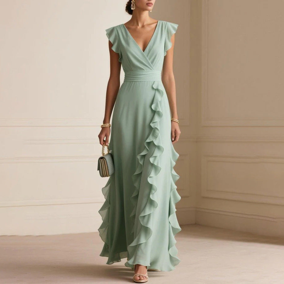 Chiffon Wrap V-Neck Flutter Sleeve Cascading Ruffle Maxi Dress 2