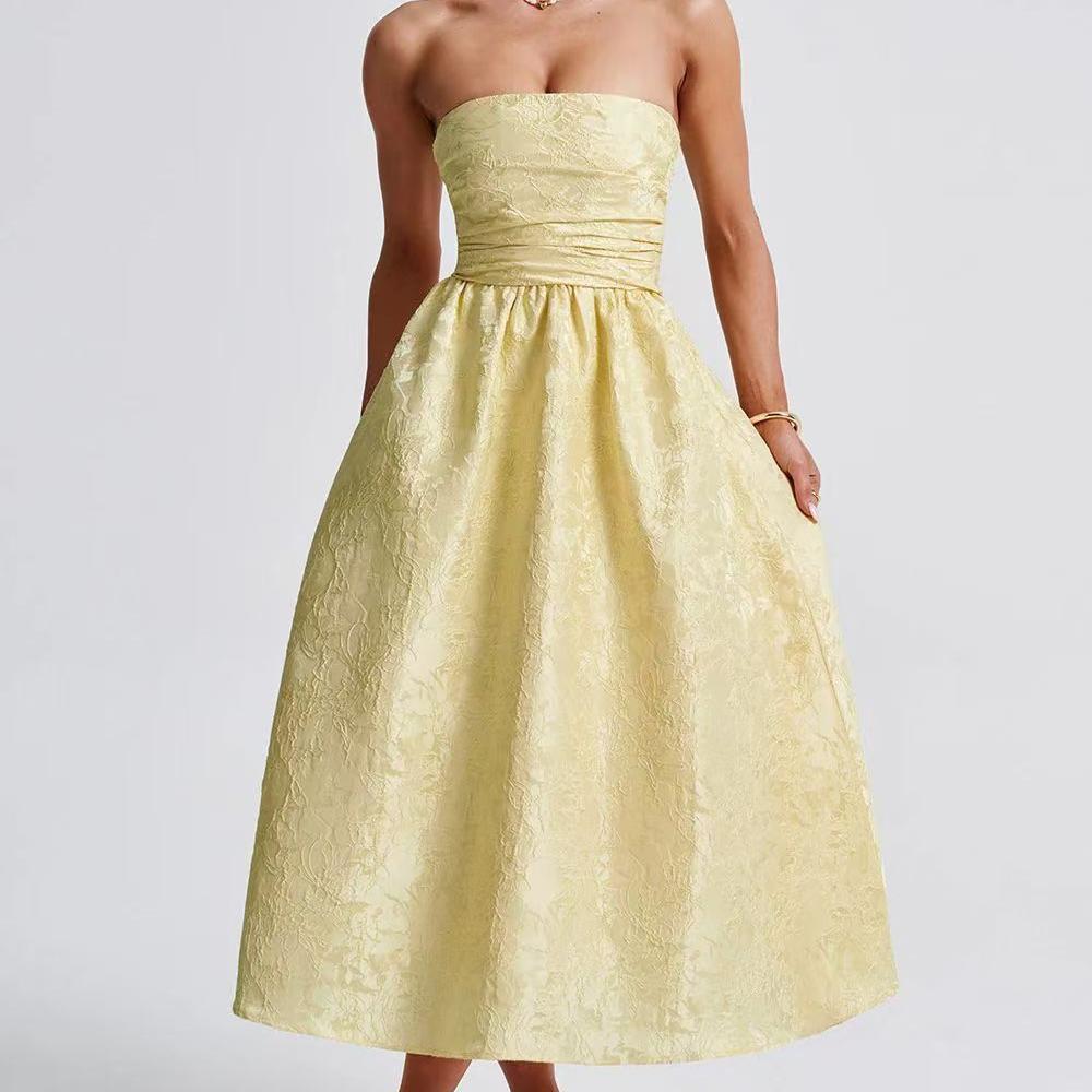 Jacquard Strapless Ruched Waist Fit and Flare Midi Dress