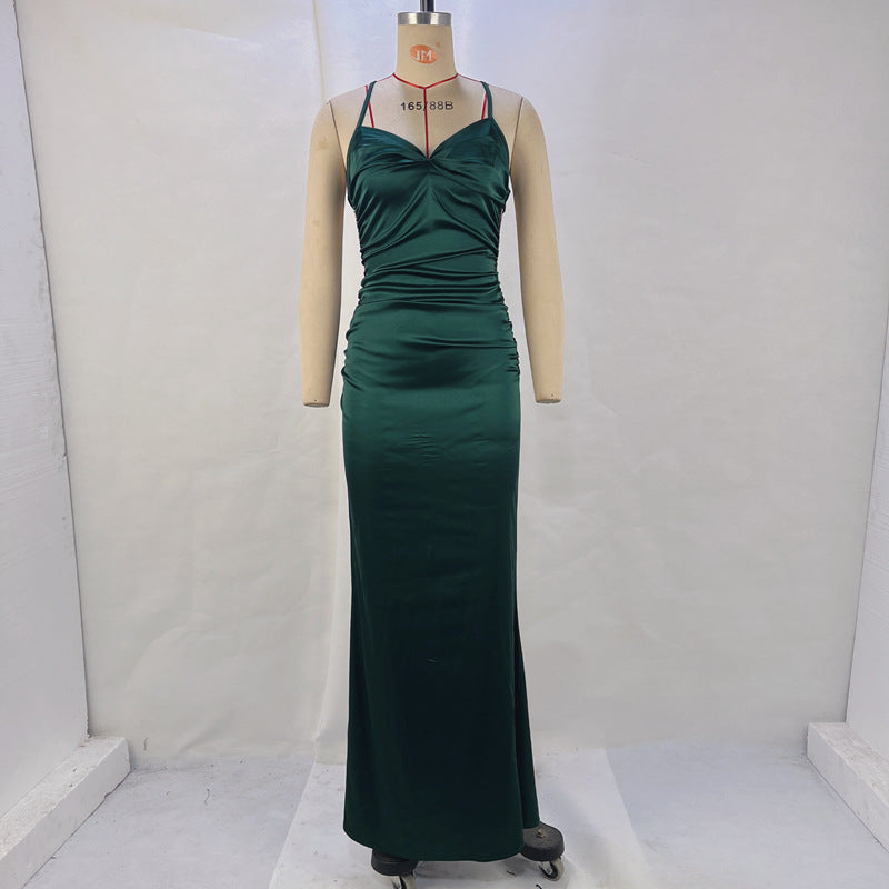 Satin Spaghetti Strap V-Neck Ruched Bodycon Mermaid Maxi Gown 6