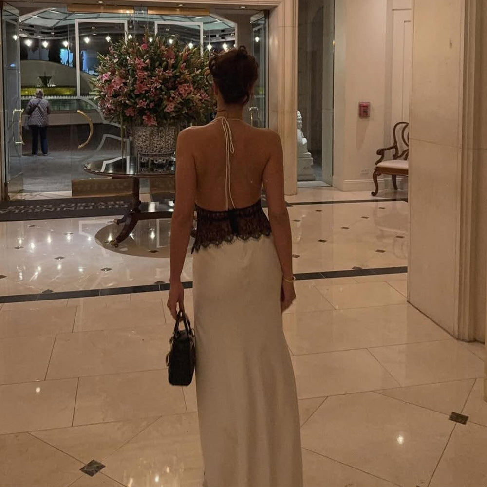 Dinner Elegant Lace - Paneled Halter Maxi Dress - View 2