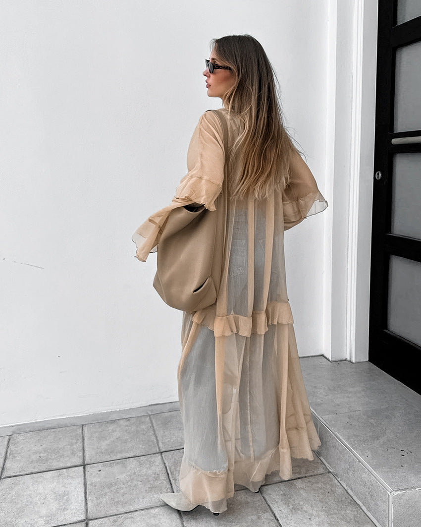 Sheer Tiered V-Neck Tie Neck Long Flared Ruffle Sleeve Maxi Dress