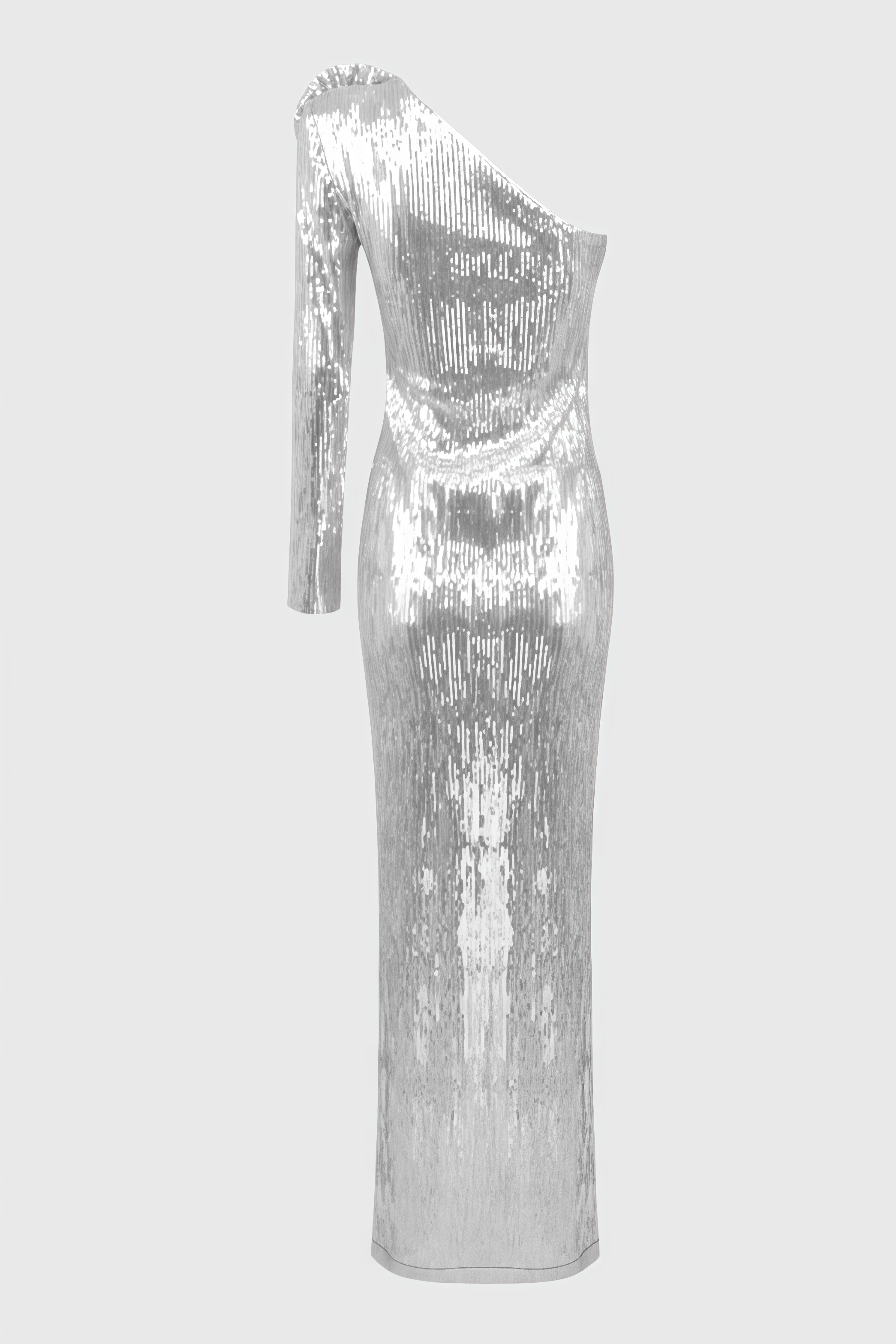 Sequin One Shoulder Long Sleeve 3D Flower Maxi Gown