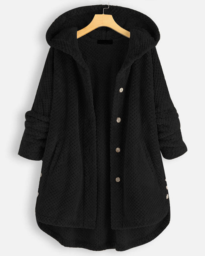 Button Closure Rounded Hem Hooded Sweatshirt Jacket