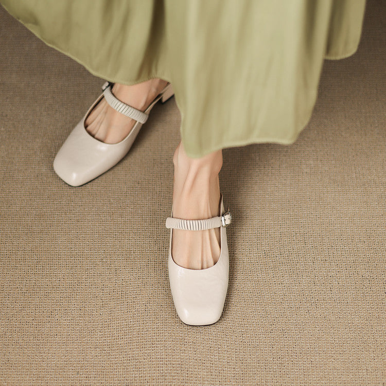 Square Toe Buckle Strap Mary Jane Mules