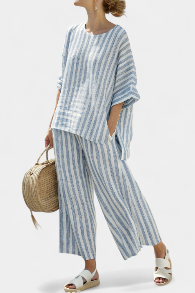 Striped Short Sleeve Top and Wide Leg Pants Two Piece Set