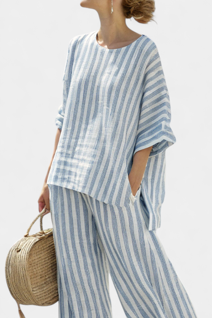 Striped Short Sleeve Top and Wide Leg Pants Two Piece Set