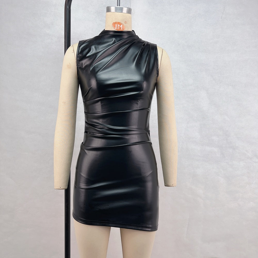 Faux Leather Mock Neck Sleeveless Ruched Bodycon Mini Dress 5