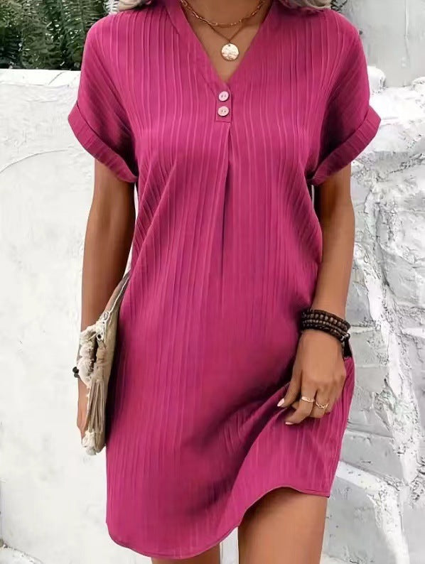 Ribbed Henley V-Neck Button Placket Pleat Front Shift Mini Dress