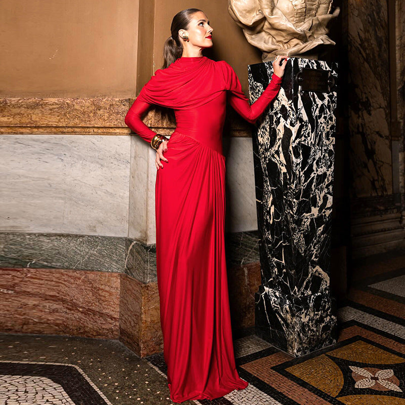 Solid Color High Grade Pleated Slim Waist Dress