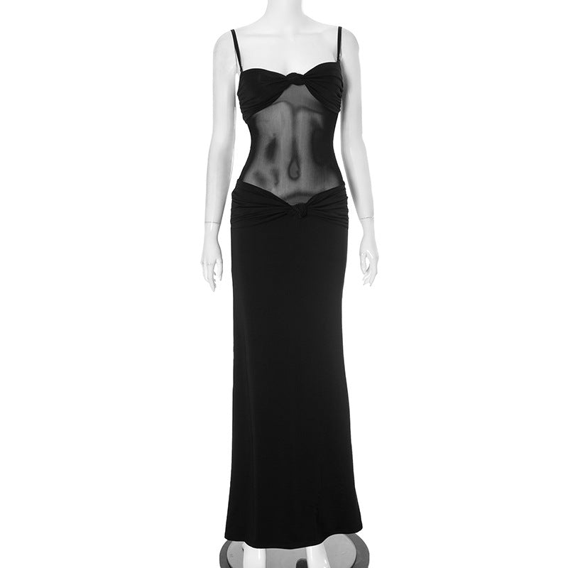 Strapless Sweetheart Mesh Midriff Cut Out Knot Detail Bodycon Maxi Dress