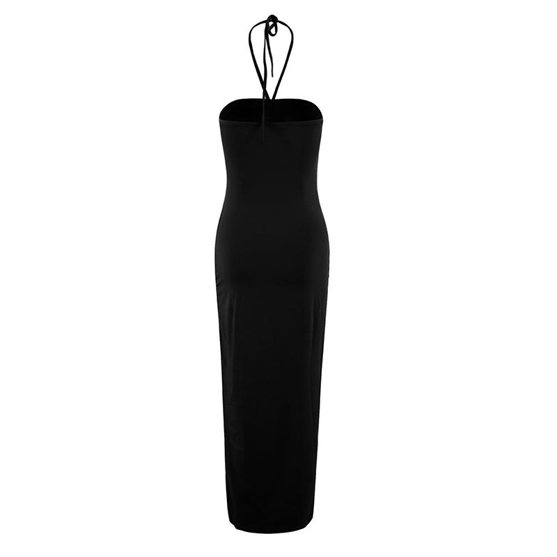 Halter Neck Floral Applique Ruched Side Slit Bodycon Maxi Dress