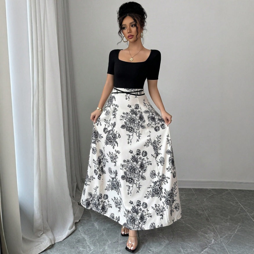 Floral Print Skirt Square Neck Short Sleeve Tie Waist A-Line Maxi Dress