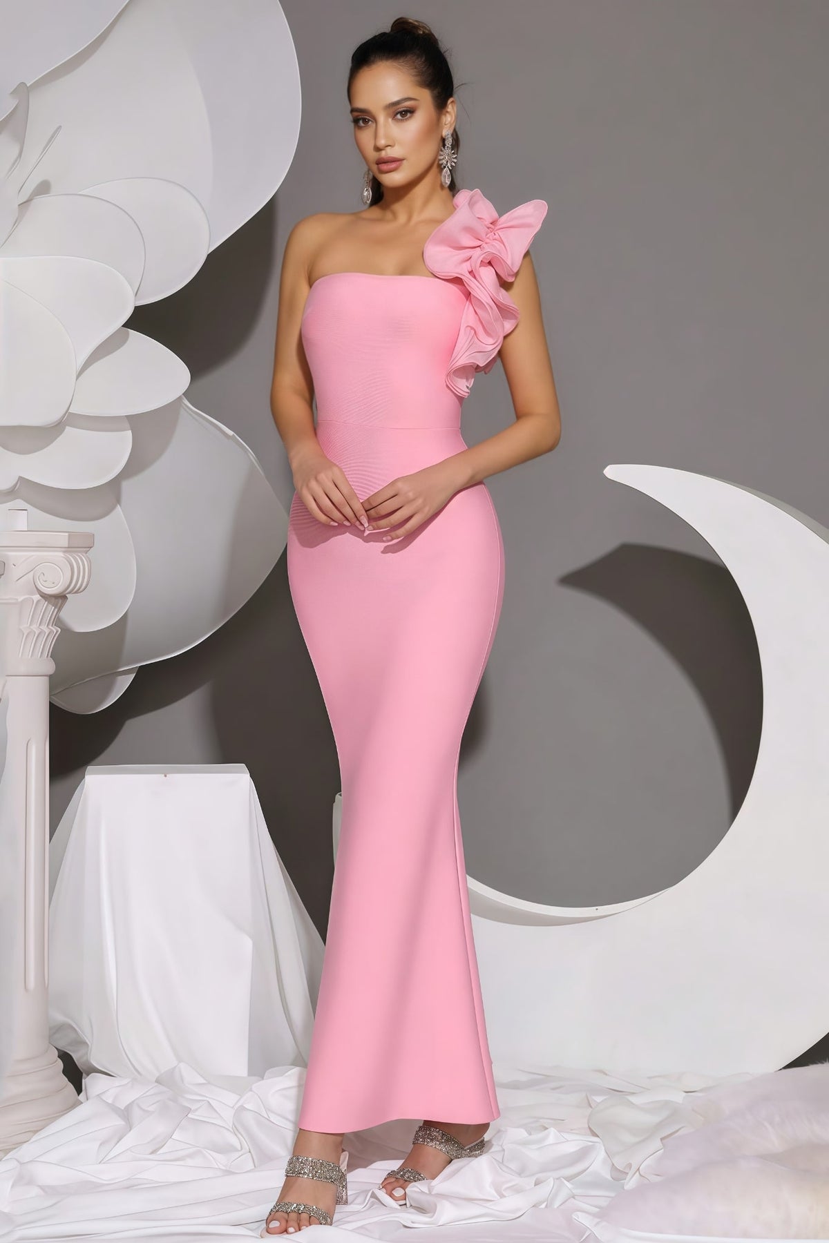 One Shoulder Ruffle Detail Bandage Mermaid Maxi Dress 4