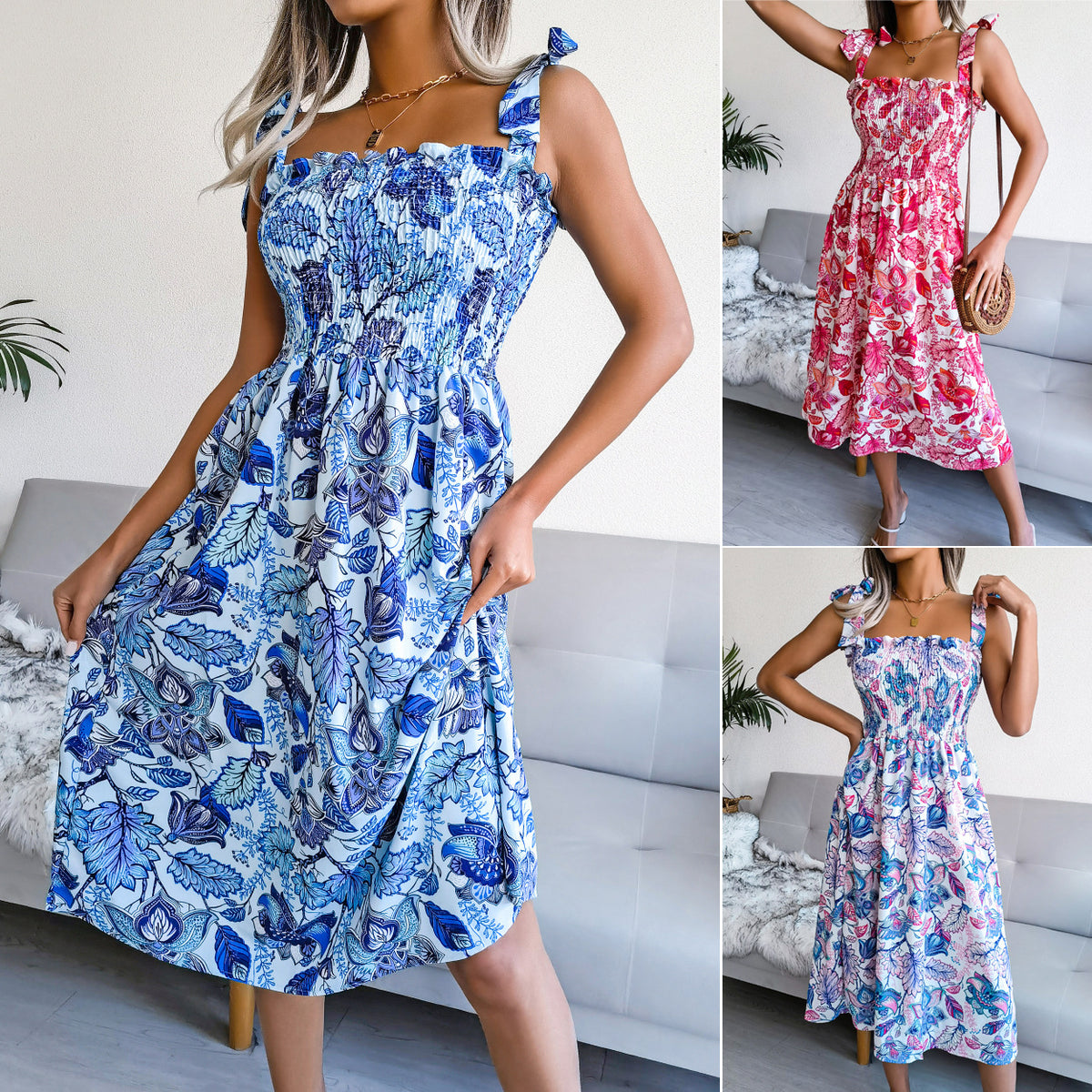 Floral Print Square Neck Ruffle Tie Strap Smocked A-Line Midi Dress 5
