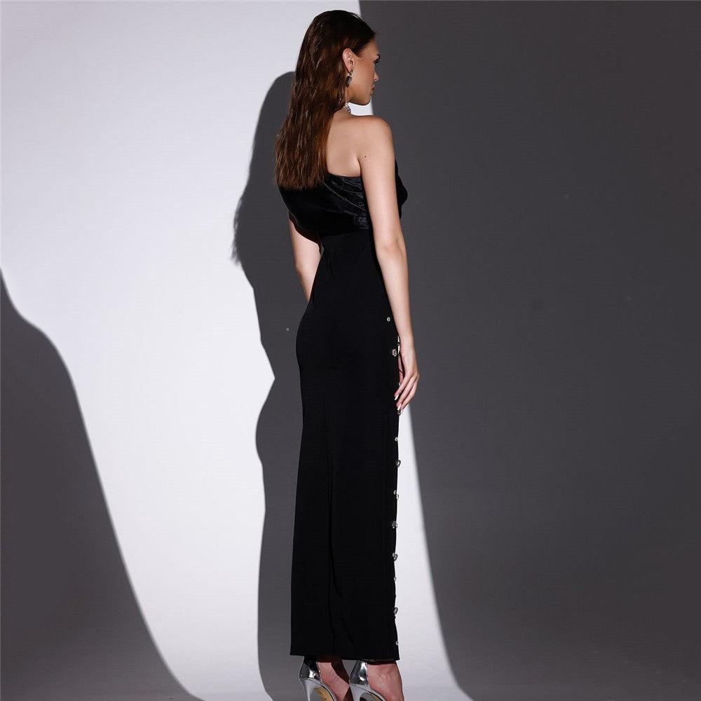 One Shoulder Ruffle Rhinestone Embellished Bandage Column Maxi Gown