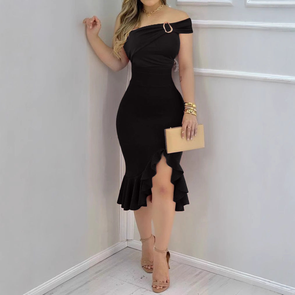 Off Shoulder Ring Detail Ruched Ruffle Hem High Split Bodycon Midi Dress