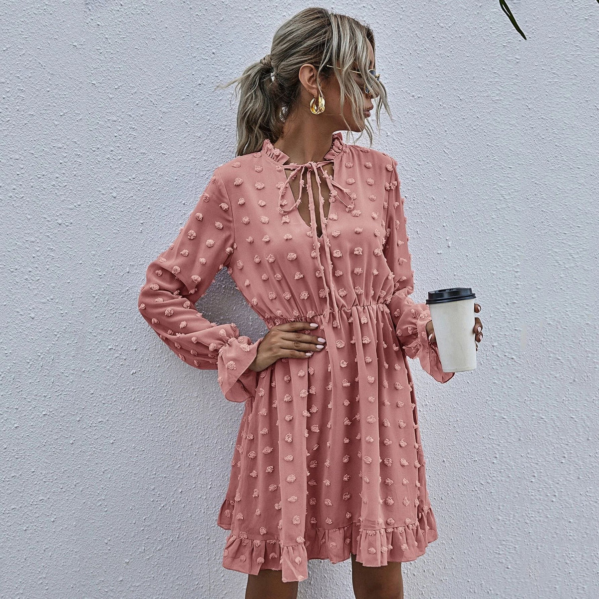 Spring Summer Long Sleeves High Waist Office Dress