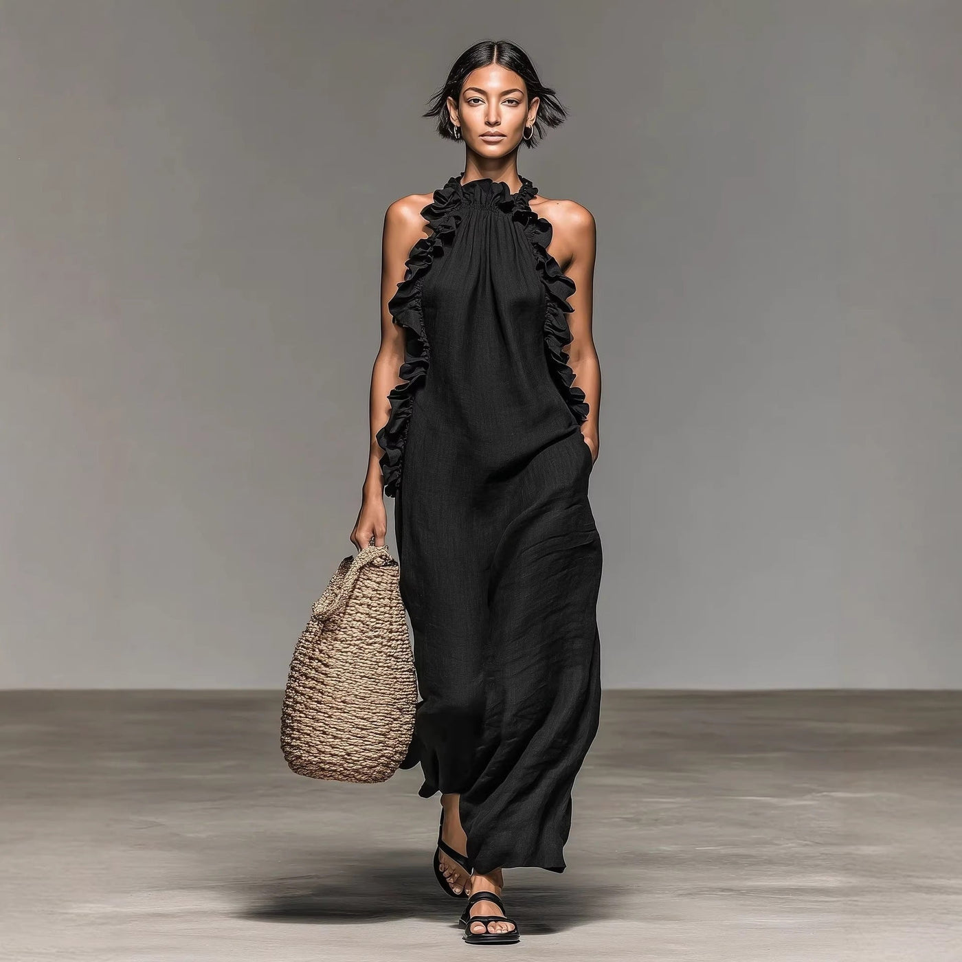 Halter Neck Ruffle Trim Sleeveless Maxi Dress