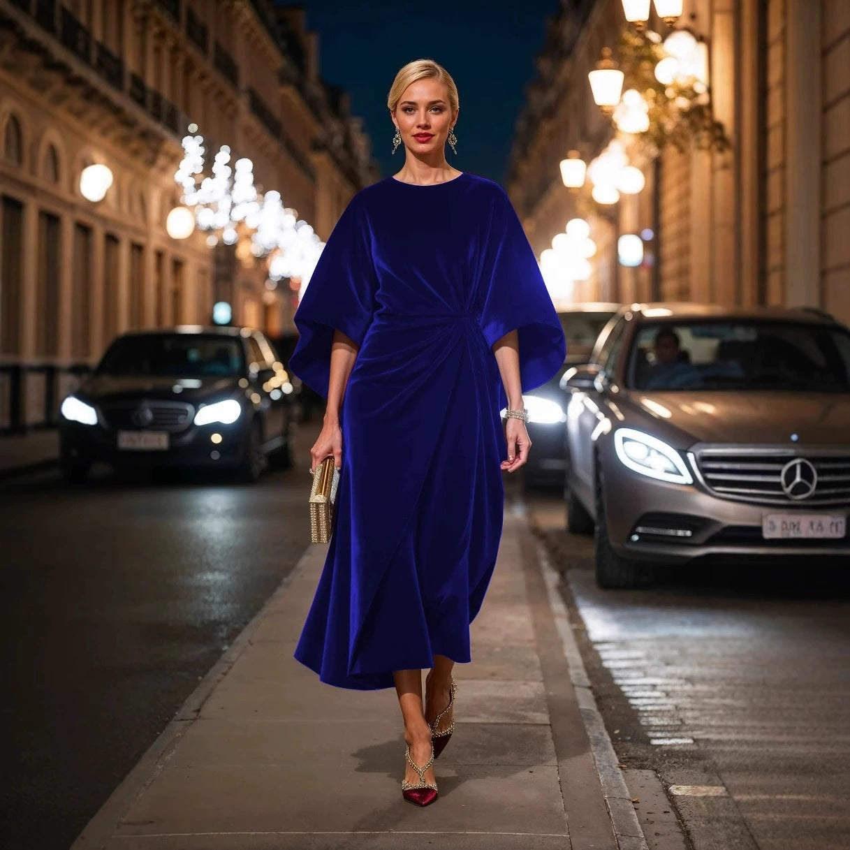 Velvet Round Neck Batwing Sleeve Side Twist Ruched Midi Cocktail Dress
