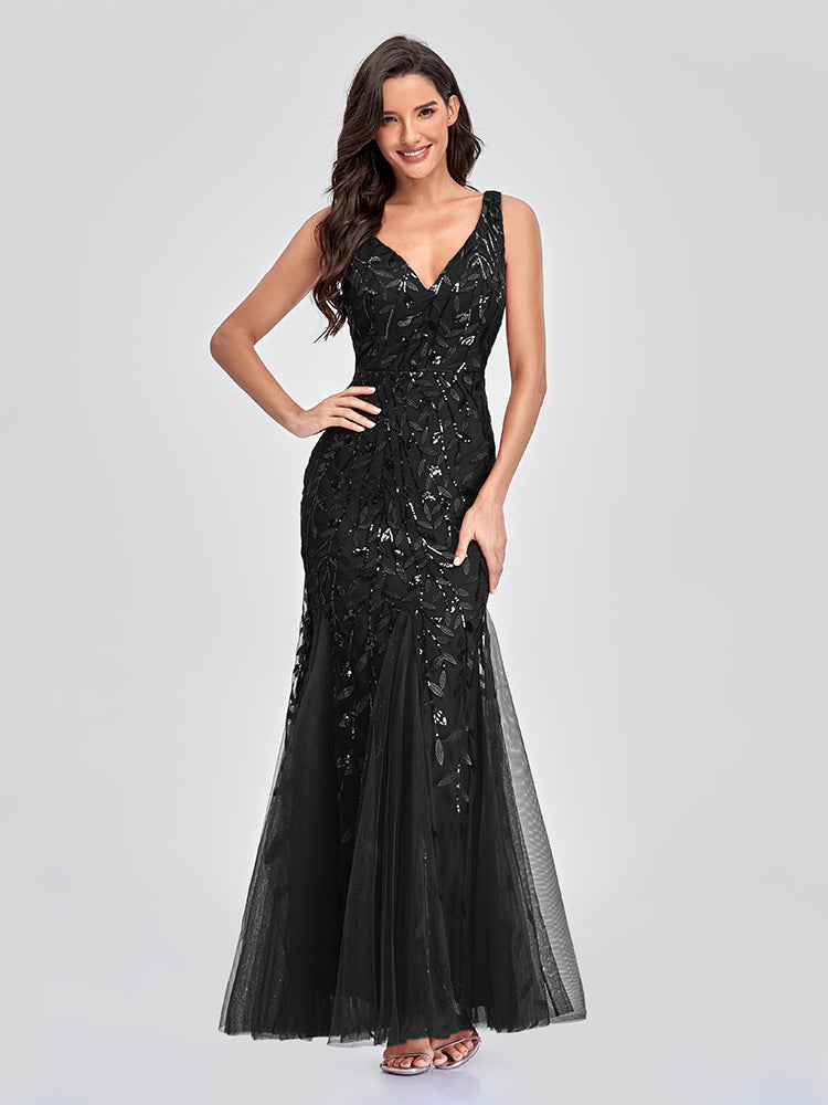 Sequin Embroidered V-Neck Sleeveless Tulle Mermaid Gown