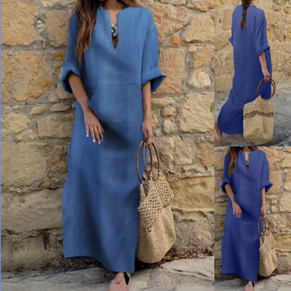 Split Neck Long Sleeve Pocket Kaftan Maxi Dress
