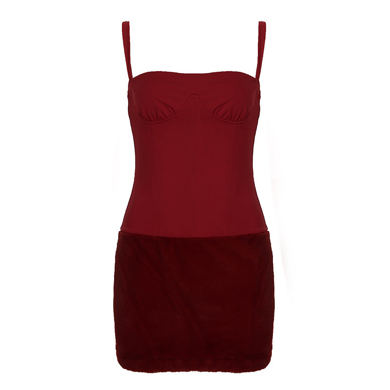 Spaghetti Strap Corset Bodice Faux Fur Hem Bodycon Mini Dress 5