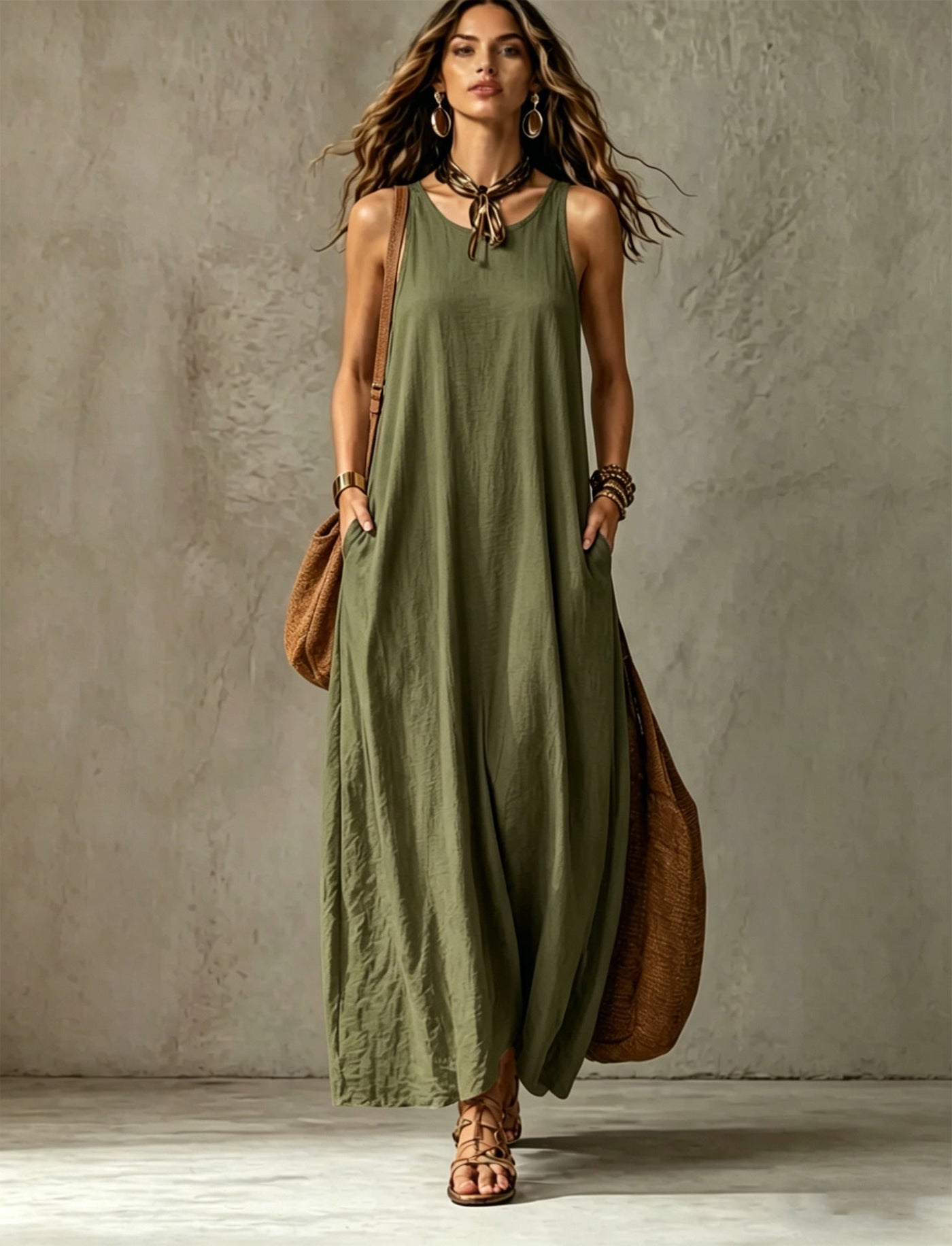 Sleeveless Tie Neck Pocket Maxi Dress 10