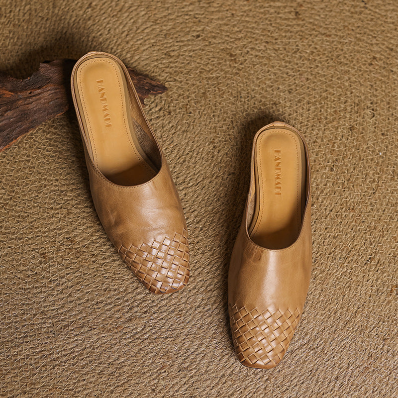 Square Toe Woven Detail Low Block Heel Mules